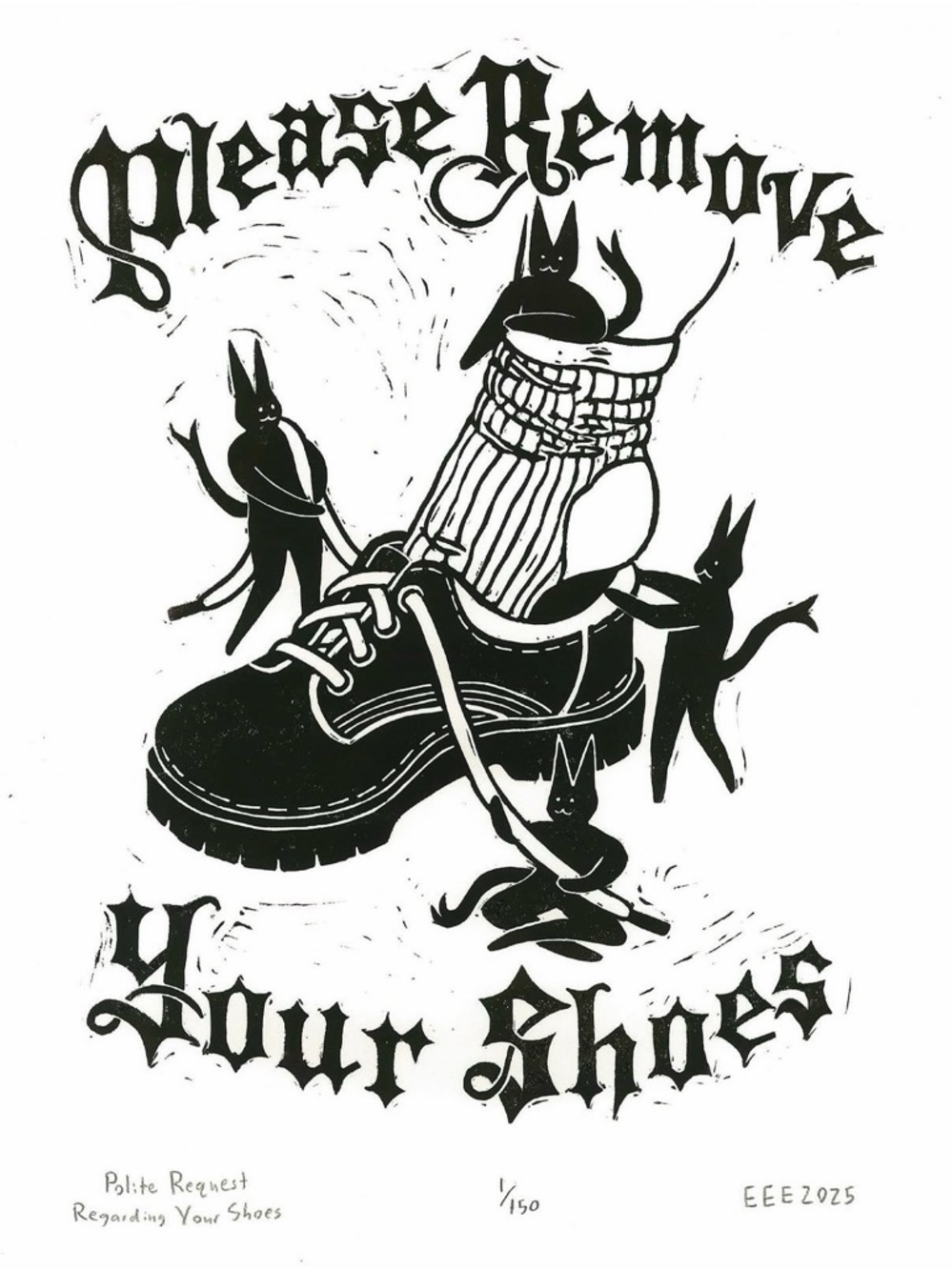 Please take off your shoes - Linocut print artwork